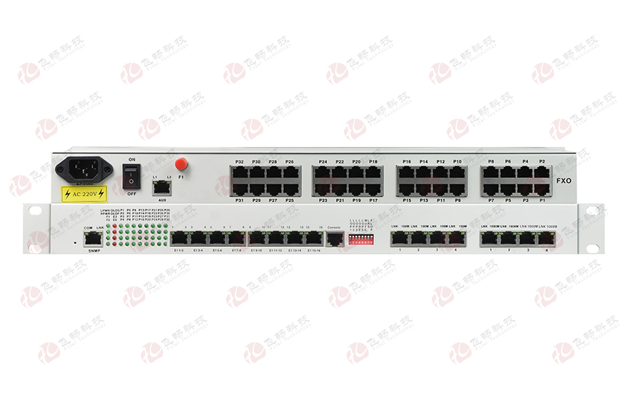 飛暢科技-32路電話+16E1+4FE+4GE+2路數(shù)據(jù)+SNMP+console（19英寸，物理隔離）電話光端機(jī)